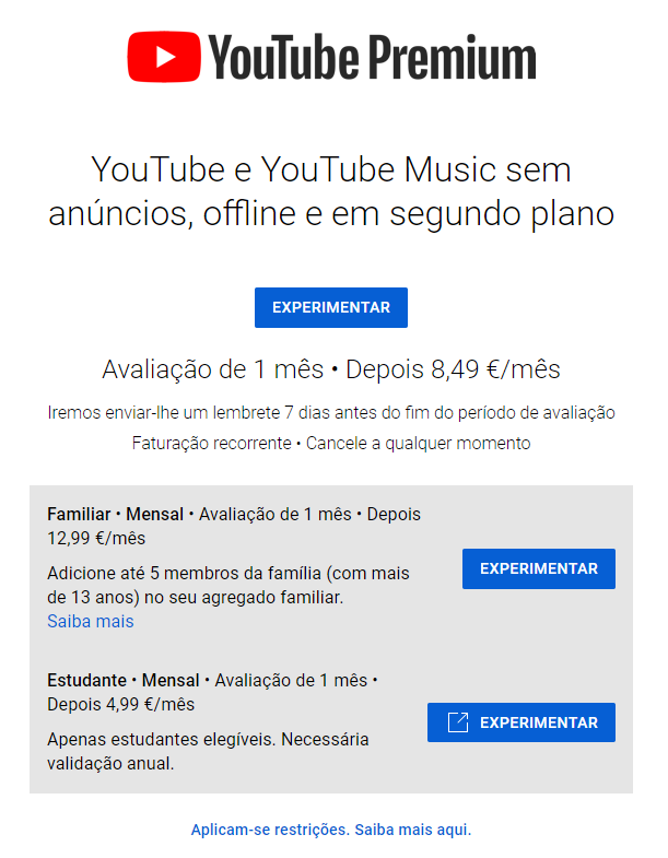 Preço do Youtube Premium